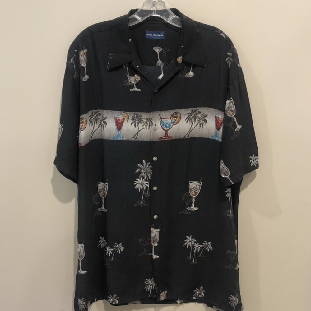 John Ashford black short sleeve Hawaiian cocktail resort shirt vintage XL